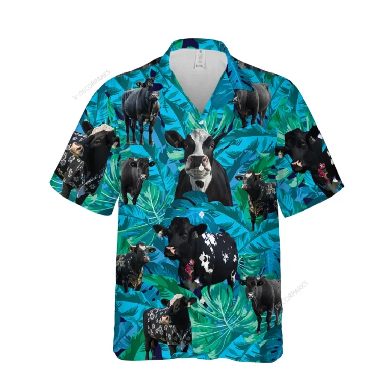 Black Moo Cow Unisex Hawaiian Shirt, Cattle 3d Printed Aloha Button Down Shirt, Tropical Leaves Pattern Summer Beach Shirt, Casual Clothing