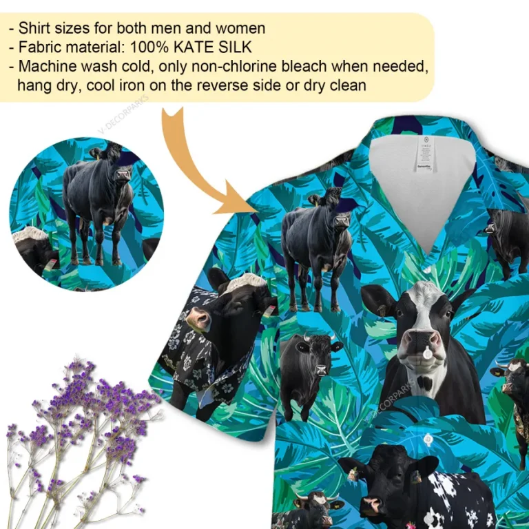 Black Moo Cow Unisex Hawaiian Shirt, Cattle 3d Printed Aloha Button Down Shirt, Tropical Leaves Pattern Summer Beach Shirt, Casual Clothing