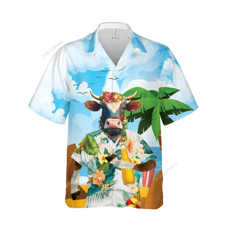 Cool Dairy Cow Unisex Aloha Beach Shirt, Beer 3d Printed Hawaiian Button Down Shirt, Summer Beach Short Sleeves, Sea Lover Clothing