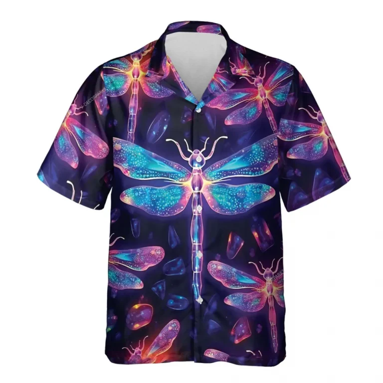Transparent Dragonfly Unisex Hawaii Shirt, Neon Bubble Aloha Button Down Short Sleeve, Aesthetic Clothing, Summer Casual Wear