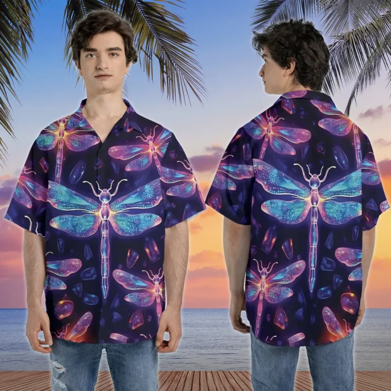 Transparent Dragonfly Unisex Hawaii Shirt, Neon Bubble Aloha Button Down Short Sleeve, Aesthetic Clothing, Summer Casual Wear