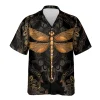 Gold Dragonfly Unisex Hawaii Shirt, Dark Background Aloha Button Down Short Sleeve, Tribal Pattern Printed Clothing, Casual Wear
