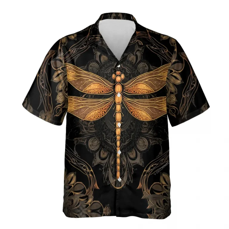 Gold Dragonfly Unisex Hawaii Shirt, Dark Background Aloha Button Down Short Sleeve, Tribal Pattern Printed Clothing, Casual Wear