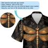 Gold Dragonfly Unisex Hawaii Shirt, Dark Background Aloha Button Down Short Sleeve, Tribal Pattern Printed Clothing, Casual Wear