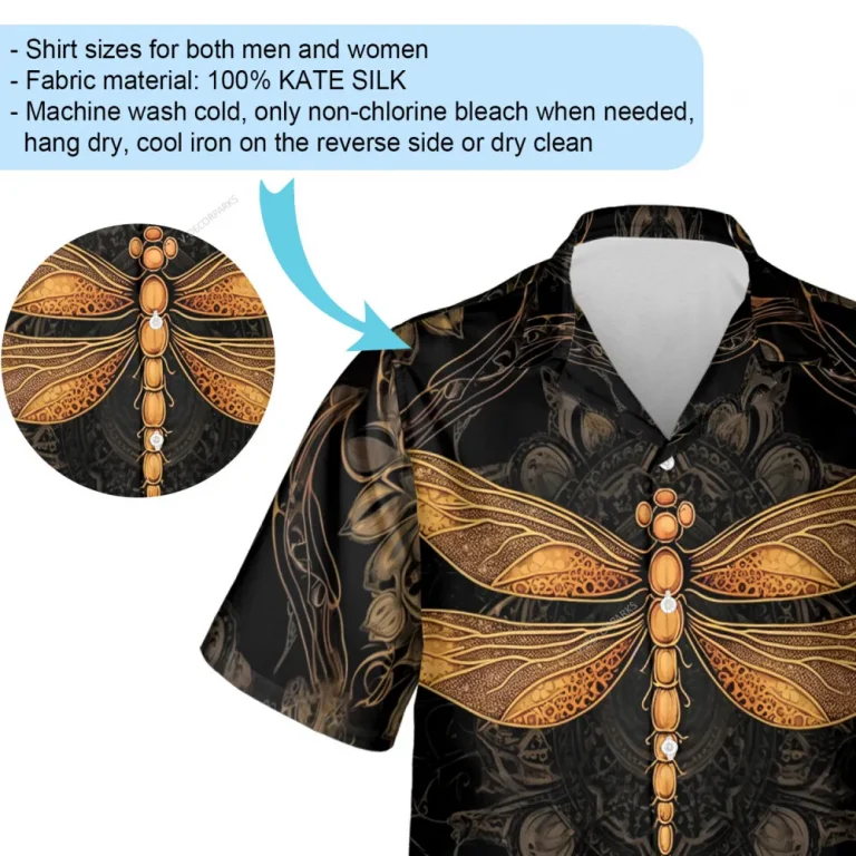 Gold Dragonfly Unisex Hawaii Shirt, Dark Background Aloha Button Down Short Sleeve, Tribal Pattern Printed Clothing, Casual Wear
