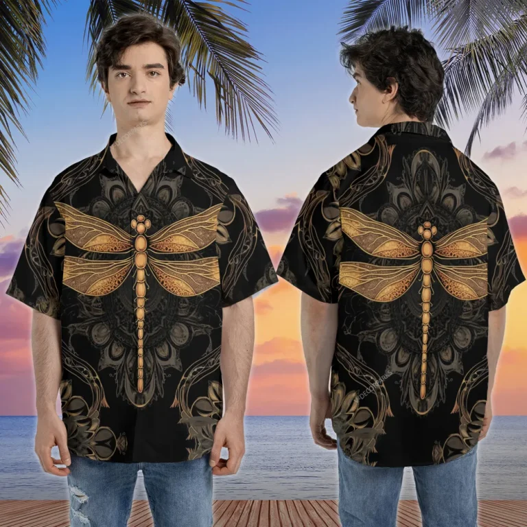 Gold Dragonfly Unisex Hawaii Shirt, Dark Background Aloha Button Down Short Sleeve, Tribal Pattern Printed Clothing, Casual Wear