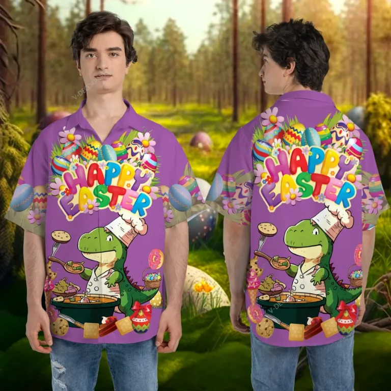 Chef Dinosaur Hawaiian Shirts For Men And Women, Happy Easter Unisex Aloha Short Sleeves, Summer Beach Shirt, Festival Clothing, Easter Egg Pattern