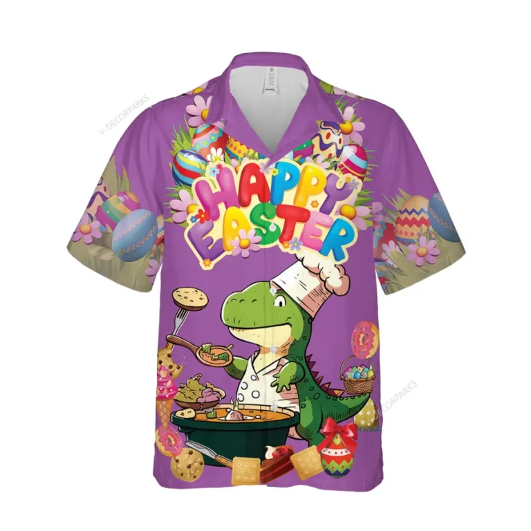 Chef Dinosaur Hawaiian Shirts For Men And Women, Happy Easter Unisex Aloha Short Sleeves, Summer Beach Shirt, Festival Clothing, Easter Egg Pattern
