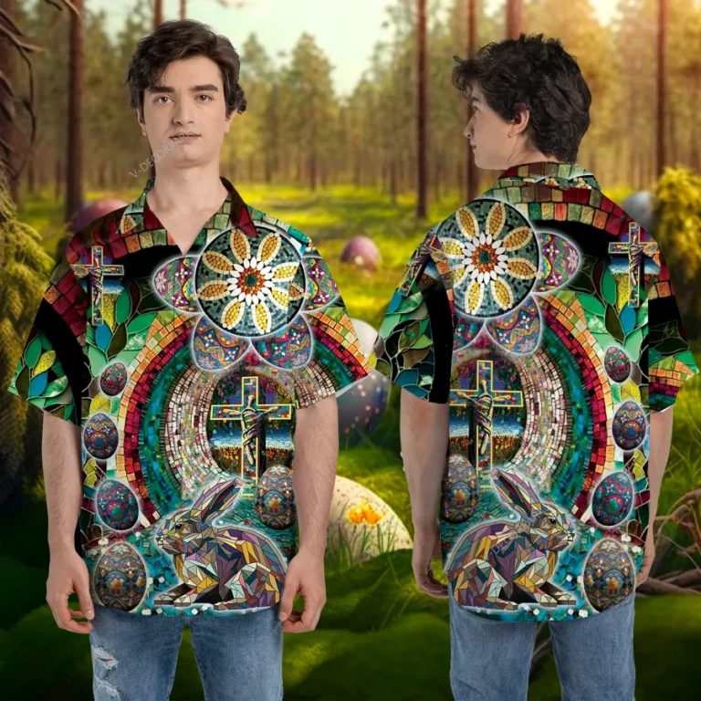 Easter Rabbit Unisex Hawaiian Shirts, Holy Cross Unisex Aloha Short Sleeves, Summer Beach Shirt, Floral Pattern Clothing, Hologram Shirt