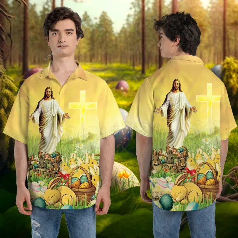 Jesus Garden Hawaiian Shirts For Men And Women, Happy Easter Unisex Aloha Short Sleeves, Bunny Lover Printed Shirt, Holy Cross Top