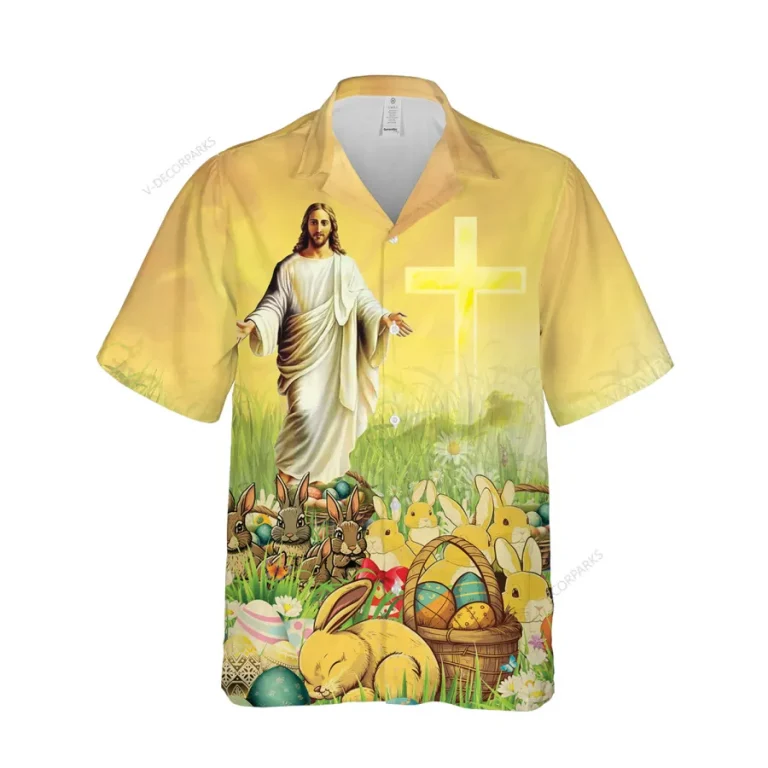 Jesus Garden Hawaiian Shirts For Men And Women, Happy Easter Unisex Aloha Short Sleeves, Bunny Lover Printed Shirt, Holy Cross Top