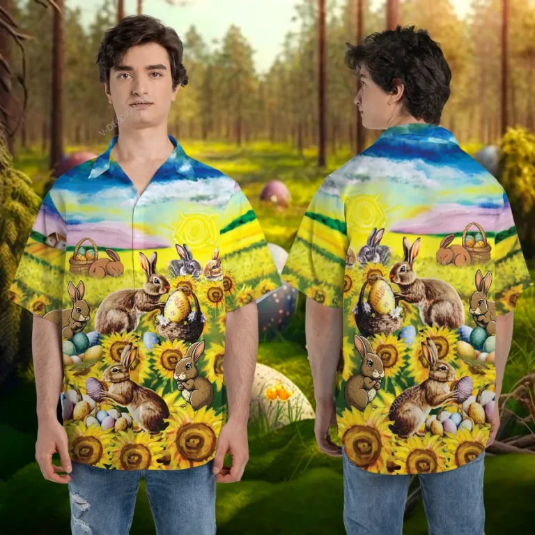 Happy Easter Rabbit Hawaiian Shirts For Men And Women, Sunflower Patterned Unisex Aloha Short Sleeves, Festival Clothing, Animal Lover Patterned Top
