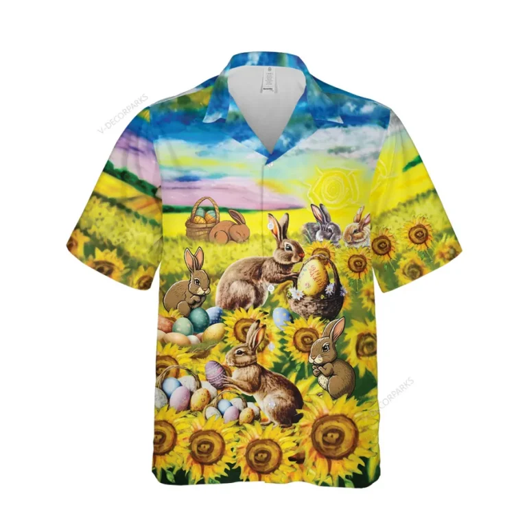 Happy Easter Rabbit Hawaiian Shirts For Men And Women, Sunflower Patterned Unisex Aloha Short Sleeves, Festival Clothing, Animal Lover Patterned Top