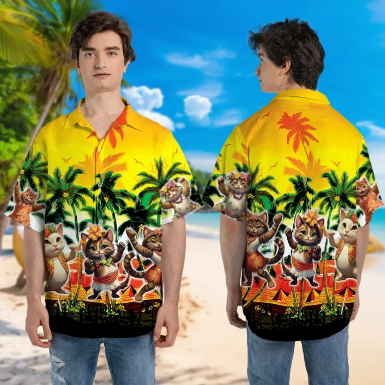 Funny Hula Cat Unisex Hawaiian Shirt, Pet Printed Short-sleeve, Tropical Palm Tree Pattern Clothing, Family Matching Shirt, Cat Lover Gift