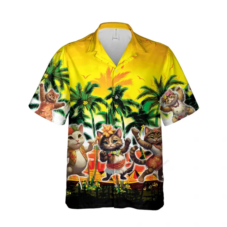 Funny Hula Cat Unisex Hawaiian Shirt, Pet Printed Short-sleeve, Tropical Palm Tree Pattern Clothing, Family Matching Shirt, Cat Lover Gift