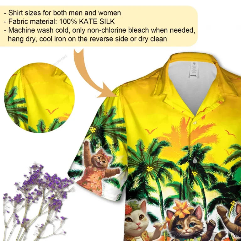 Funny Hula Cat Unisex Hawaiian Shirt, Pet Printed Short-sleeve, Tropical Palm Tree Pattern Clothing, Family Matching Shirt, Cat Lover Gift