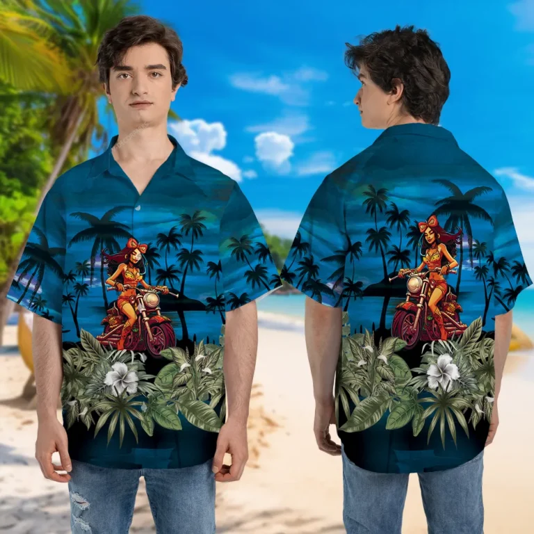 Vintage Hula Motorbiker Unisex Hawaii Shirt, Tropical Beach Night Printed Aloha Beach Shirt, Biker Summer Clothing, Floral Patterned Clothing