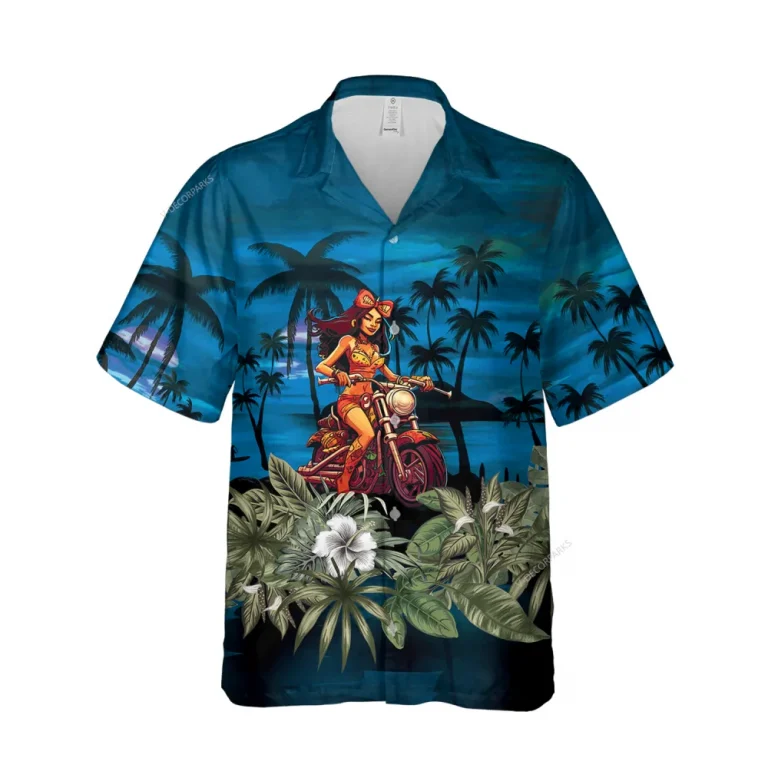 Vintage Hula Motorbiker Unisex Hawaii Shirt, Tropical Beach Night Printed Aloha Beach Shirt, Biker Summer Clothing, Floral Patterned Clothing