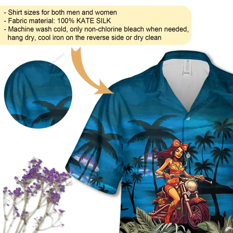 Vintage Hula Motorbiker Unisex Hawaii Shirt, Tropical Beach Night Printed Aloha Beach Shirt, Biker Summer Clothing, Floral Patterned Clothing