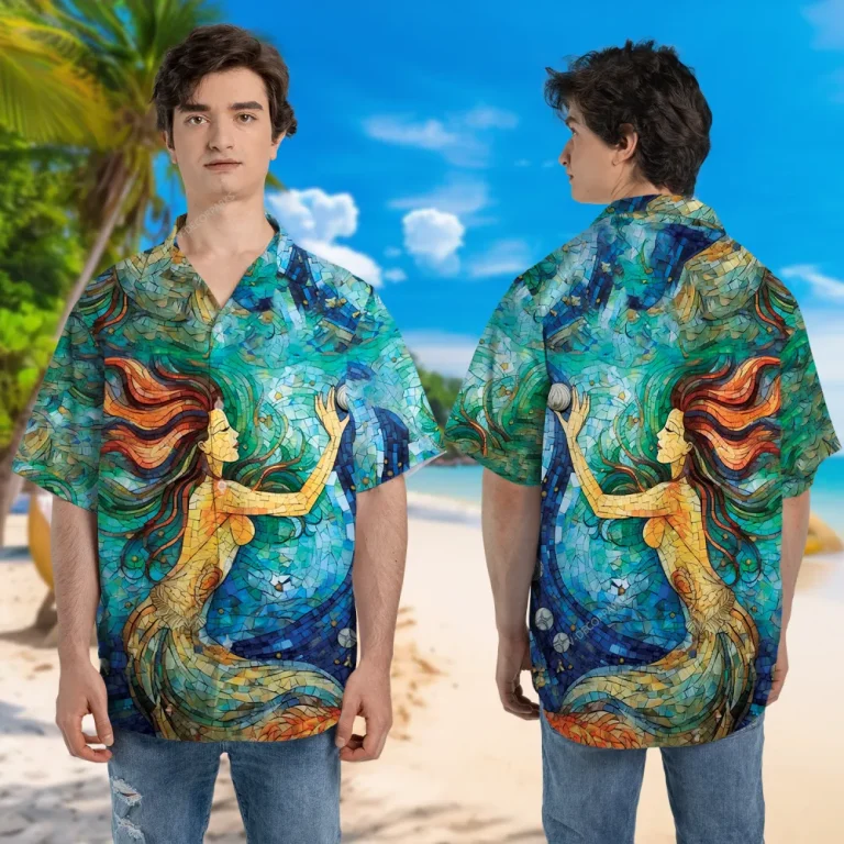 Mosaic Mermaid Unisex Hawaiian Shirts, Undersea Maiden 3d Pattern Shirt, Ceramic Printed Aloha Shirt, Aesthetic Shirt