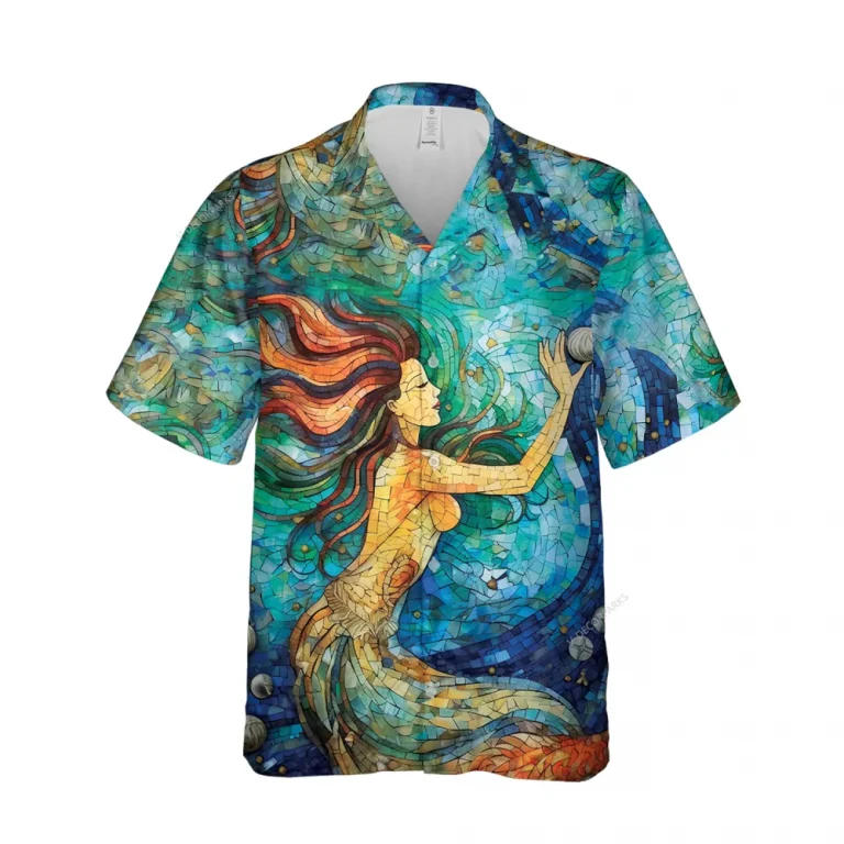 Mosaic Mermaid Unisex Hawaiian Shirts, Undersea Maiden 3d Pattern Shirt, Ceramic Printed Aloha Shirt, Aesthetic Shirt