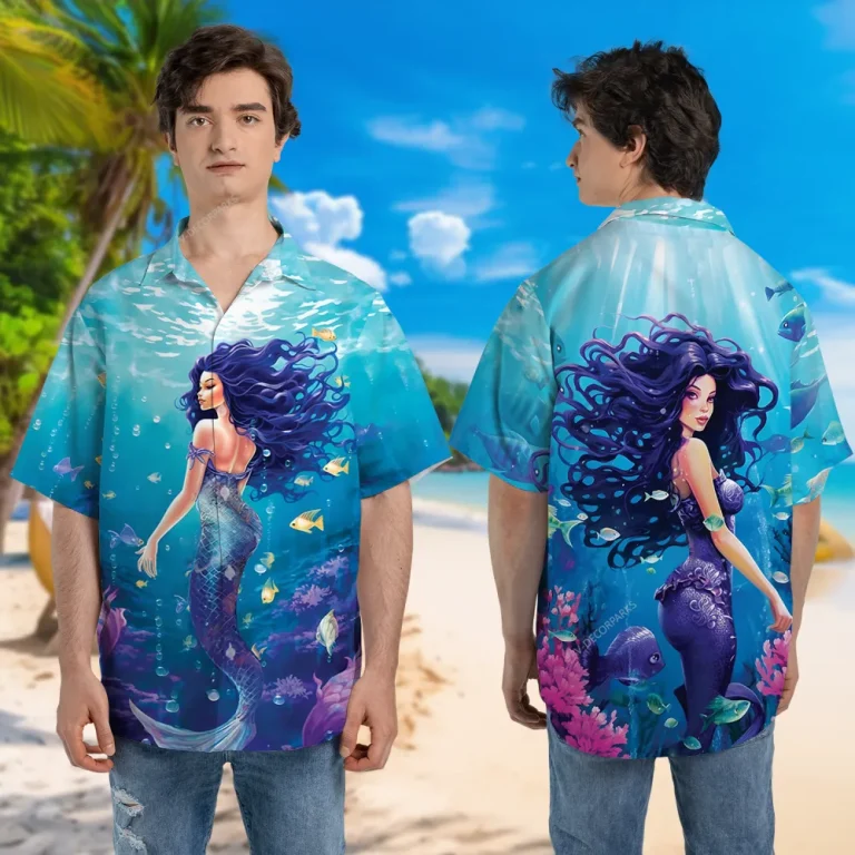 Aesthetic Mermaid Unisex Hawaiian Shirt, Aquatic Pattern Hawaii Beach Shirt, Bachelor Party Shirt, Coral Button Down Short Sleeve