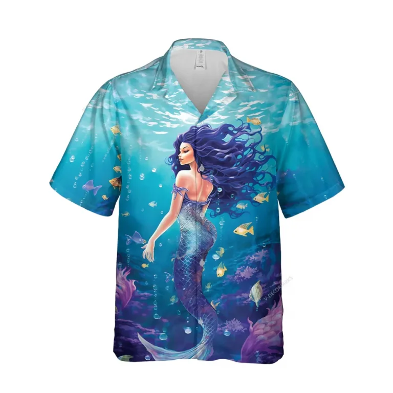 Aesthetic Mermaid Unisex Hawaiian Shirt, Aquatic Pattern Hawaii Beach Shirt, Bachelor Party Shirt, Coral Button Down Short Sleeve