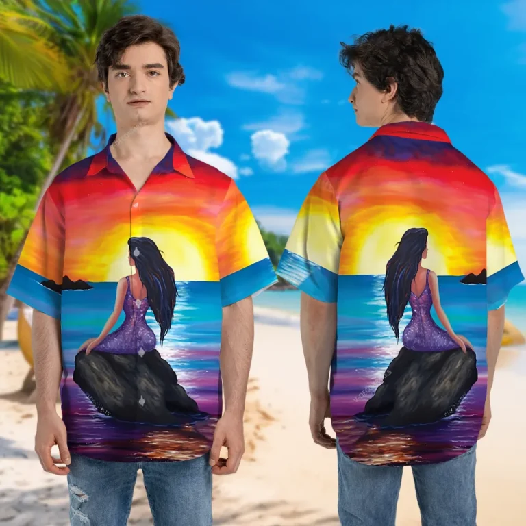 Mermaid Sea Sunset Unisex Hawaiian Shirt, Oceanic Pattern 3d Printed Aloha Beach Shirt, Summer Vibes Clothing, Button Shirt Gift For Couples