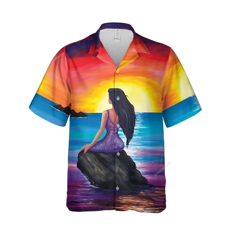 Mermaid Sea Sunset Unisex Hawaiian Shirt, Oceanic Pattern 3d Printed Aloha Beach Shirt, Summer Vibes Clothing, Button Shirt Gift For Couples