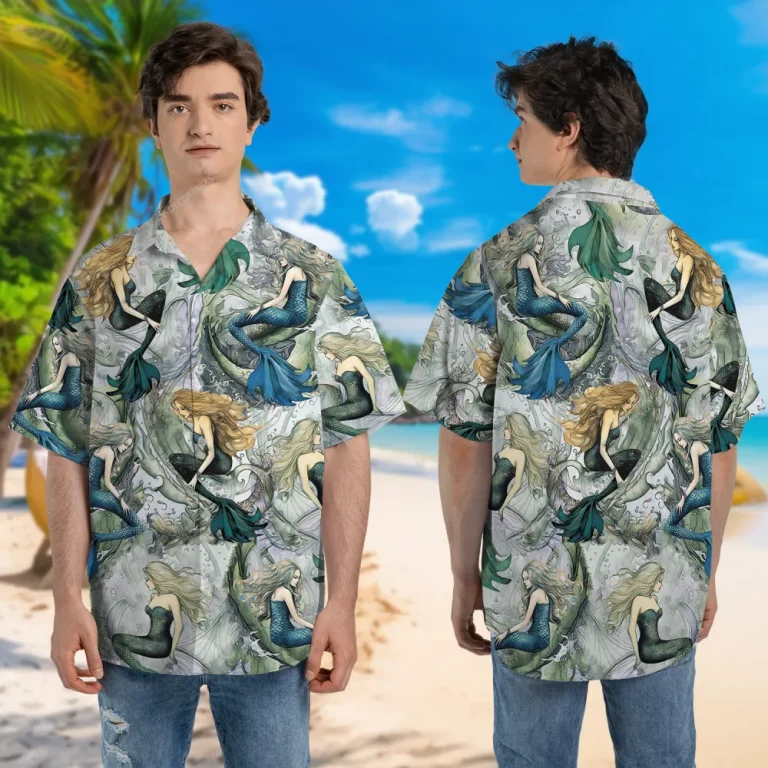 Beautiful Mermaid Artpiece Printed Unisex Hawaiian Shirt, Retro Hawaii Beach Shirt, Aloha Party Clothing, Ocean Vibes Gift For Family
