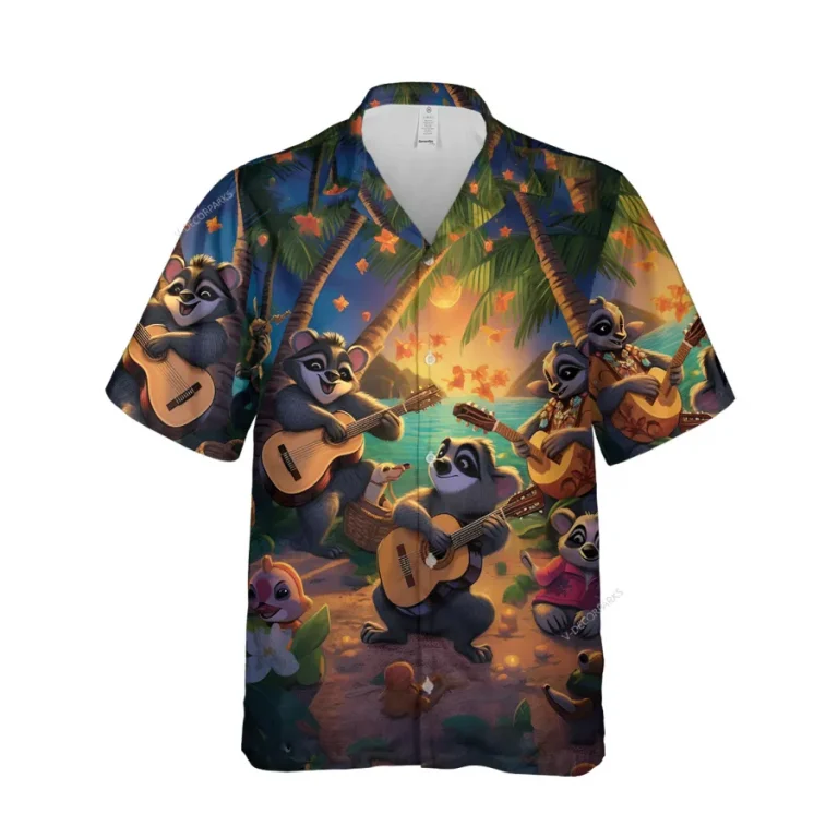 Happy Racoon Unisex Hawaiian Shirt, Singing Animal Printed Aloha Button Down Shirt, Beach Pattern Shirt, Funny Night Clothing, Family Matching Shirt