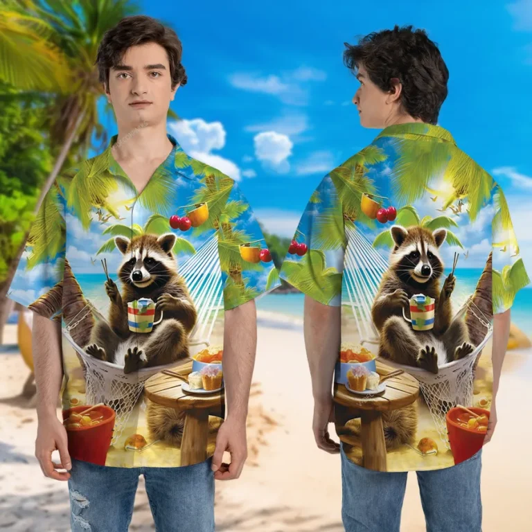Raccoon Hammock Unisex Hawaiian Shirt, Aloha Beach Button Down Shirt, Tropical Fruit Pattern Shirt, Funny Clothing, Colorful Sea Shirt
