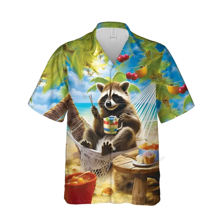 Raccoon Hammock Unisex Hawaiian Shirt, Aloha Beach Button Down Shirt, Tropical Fruit Pattern Shirt, Funny Clothing, Colorful Sea Shirt