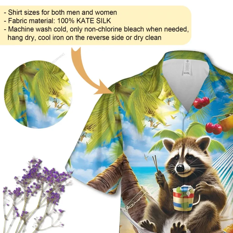 Raccoon Hammock Unisex Hawaiian Shirt, Aloha Beach Button Down Shirt, Tropical Fruit Pattern Shirt, Funny Clothing, Colorful Sea Shirt
