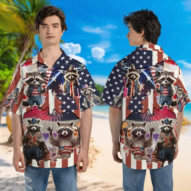 Patriotic Raccoons Unisex Hawaiian Shirt, 4th Of July Aloha Button Down Shirt, American Flag Pattern Shirt, Independence Day Shirt