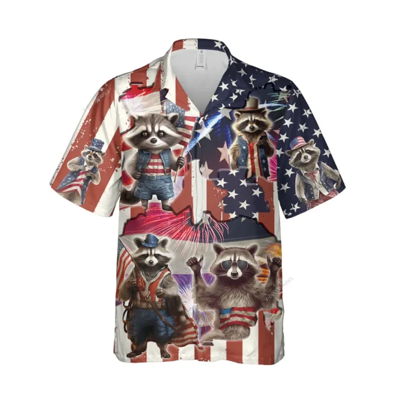 Patriotic Raccoons Unisex Hawaiian Shirt, 4th Of July Aloha Button Down Shirt, American Flag Pattern Shirt, Independence Day Shirt
