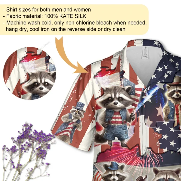 Patriotic Raccoons Unisex Hawaiian Shirt, 4th Of July Aloha Button Down Shirt, American Flag Pattern Shirt, Independence Day Shirt