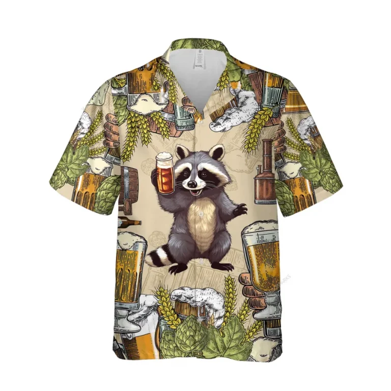 Raccoon & Beer Unisex Hawaiian Shirt, Animal Printed Aloha Button Down Shirt, Beer Pattern Shirt, Funny Clothing, Family Matching Shirt