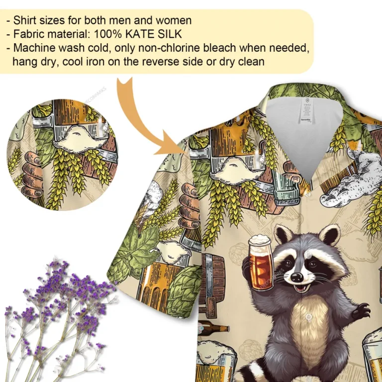 Raccoon & Beer Unisex Hawaiian Shirt, Animal Printed Aloha Button Down Shirt, Beer Pattern Shirt, Funny Clothing, Family Matching Shirt