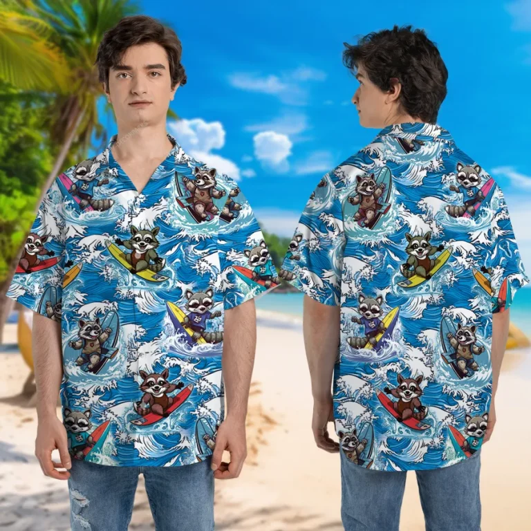 Raccoon Surfing Unisex Hawaiian Shirt, Sea Waves Printed Aloha Button Down Shirt, Funny Animal Shirt, Casual Clothing, Summer Beach Shirt