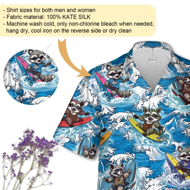 Raccoon Surfing Unisex Hawaiian Shirt, Sea Waves Printed Aloha Button Down Shirt, Funny Animal Shirt, Casual Clothing, Summer Beach Shirt