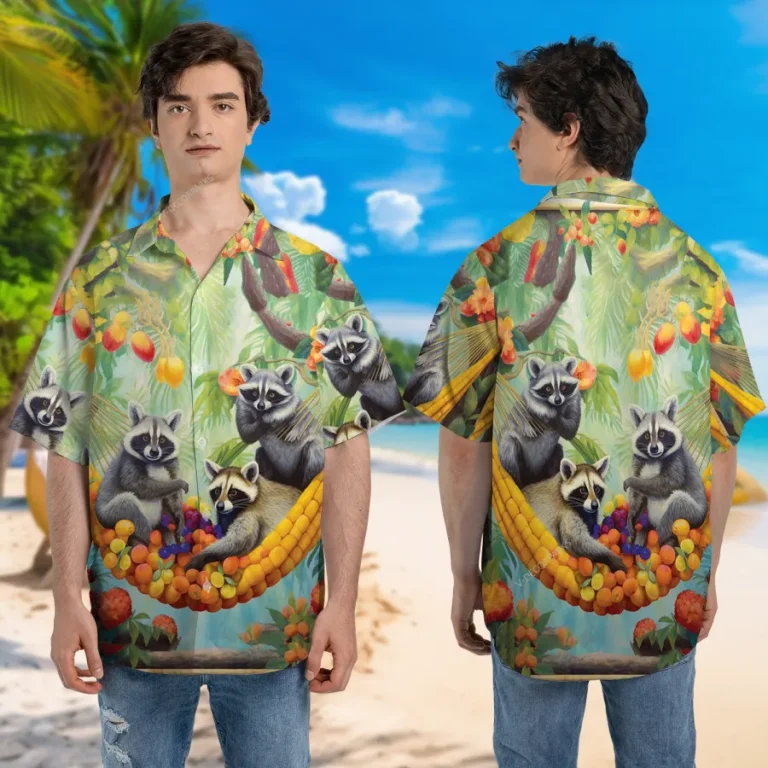 Raccoon Family Unisex Hawaiian Shirt, Fruity Hammock Printed Aloha Button Down Shirt, Tropical Pattern Shirt, Funny Clothing, Summer Beach Shirt