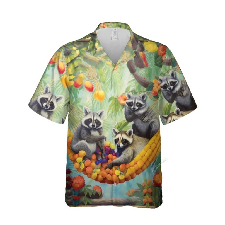 Raccoon Family Unisex Hawaiian Shirt, Fruity Hammock Printed Aloha Button Down Shirt, Tropical Pattern Shirt, Funny Clothing, Summer Beach Shirt