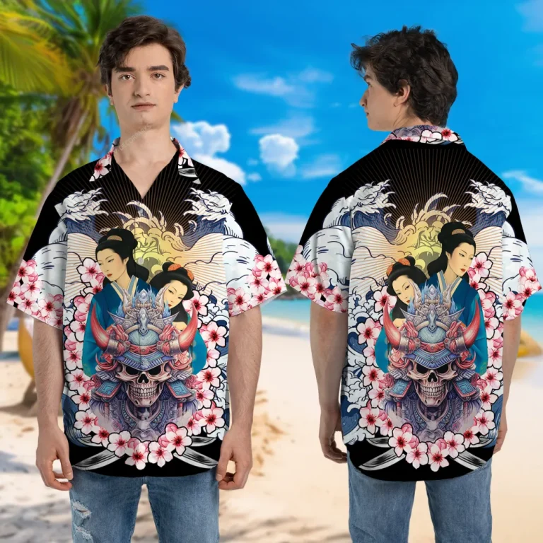 Onna-bugeisha Japanese Unisex Hawaii Shirt, Ukiyo E Aloha Button Down Shirt, Warrior Skull Patterned Clothing, Tropical Hibiscus Shirt