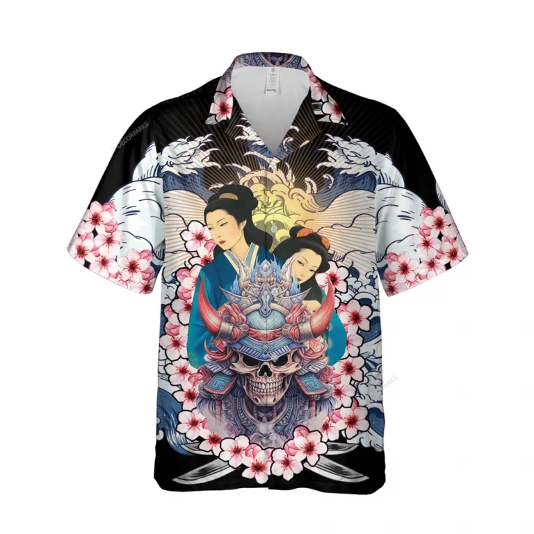 Onna-bugeisha Japanese Unisex Hawaii Shirt, Ukiyo E Aloha Button Down Shirt, Warrior Skull Patterned Clothing, Tropical Hibiscus Shirt