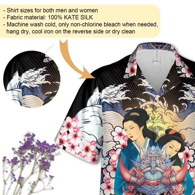 Onna-bugeisha Japanese Unisex Hawaii Shirt, Ukiyo E Aloha Button Down Shirt, Warrior Skull Patterned Clothing, Tropical Hibiscus Shirt