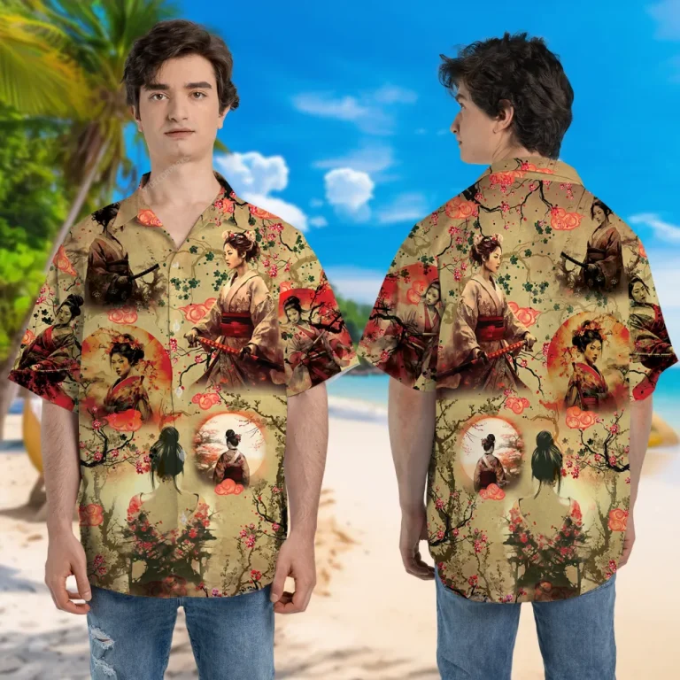 Geisha Samurai Unisex Hawaii Shirt, Women Ninja Aloha Button Down Shirt, Cherry Blossom Patterned Clothing, Feminist Clothing, Summer Beach Shirt