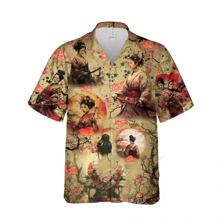 Geisha Samurai Unisex Hawaii Shirt, Women Ninja Aloha Button Down Shirt, Cherry Blossom Patterned Clothing, Feminist Clothing, Summer Beach Shirt