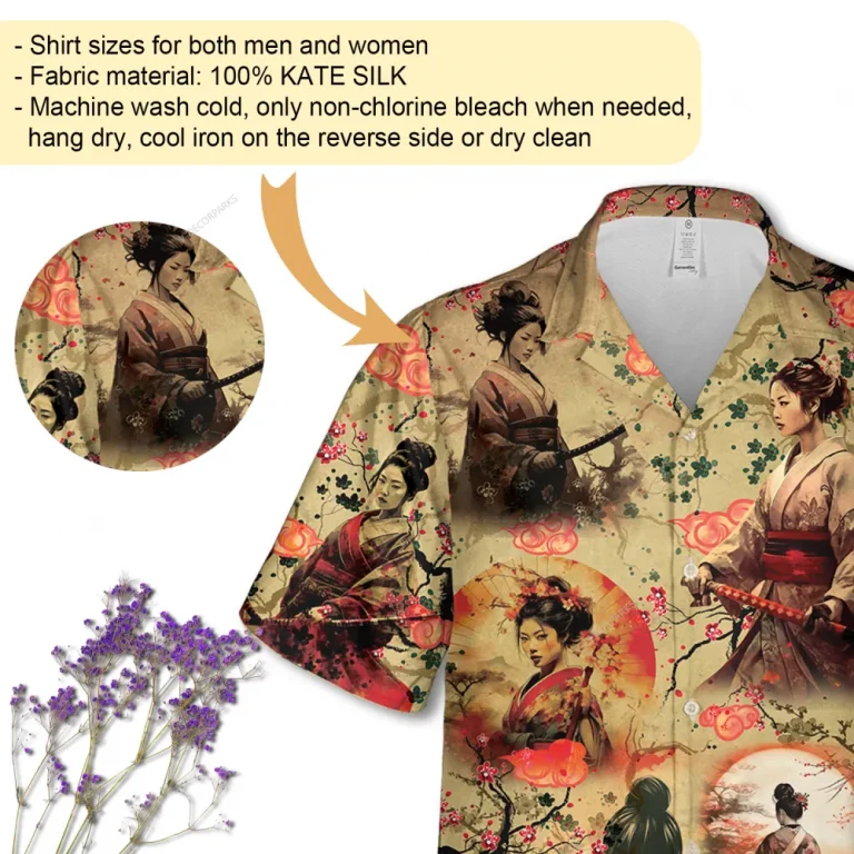 Geisha Samurai Unisex Hawaii Shirt, Women Ninja Aloha Button Down Shirt, Cherry Blossom Patterned Clothing, Feminist Clothing, Summer Beach Shirt