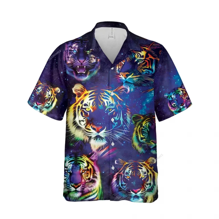 Neon Tiger's Faces Hawaiian Shirts For Men, Galatic Patterned Button Down Men's Hawaii Shirt, Animal Lover Printed Short Sleeves